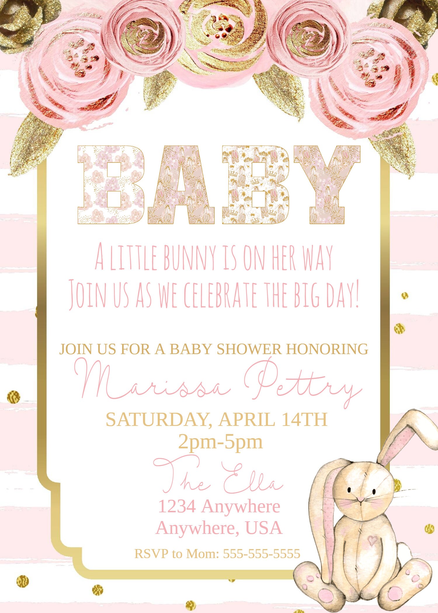 Pink and Gold Baby Shower Invite Bunny Baby Shower Floral | Etsy