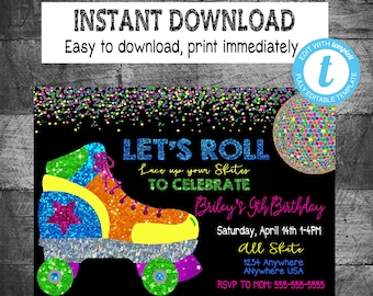 NEON Roller skating Invitation | Edit Yourself 80&#39;s Skate invite |Glow Party Birthday Party, Instant download, Neon Roller skate Birthday