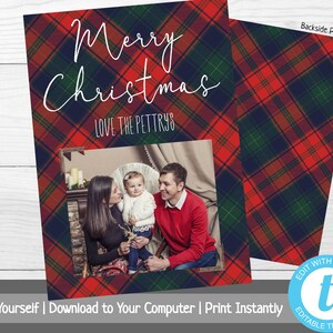 Cartolina di Natale a quadri, Modello per cartolina di Natale fotografica, Biglietto di auguri con foto, Buon Natale, Buone Feste, Modello stampabile, Plaid rosso