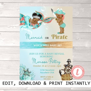 African American, Gender Reveal Invitation, Mermaid or Pirate Gender Reveal Party Invitation, He or She What Will Baby be Instant Download
