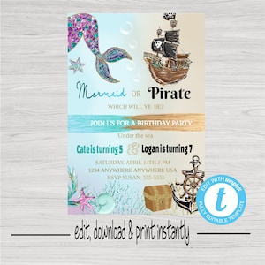 Mermaid or Pirate Birthday Party Invitation, Joint Mermaid or Pirate Birthday Party, Mermaid Pirate Editable Template, Mermaid Pirate