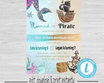 Mermaid or Pirate Birthday Party Invitation, Joint Mermaid or Pirate Birthday Party, Mermaid Pirate Editable Template, Mermaid Pirate