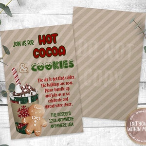 Christmas Party Invitation, Hot Cocoa and Cookies, Editable Invite Template, Party Printable, Templett, Edit Yourself, Instant Download