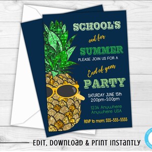 Schools Out Party Invitation, Schools Out For Summer, End of The Year Party Invitation, Pineapple Invite, Summer Party Invitations, Glitter