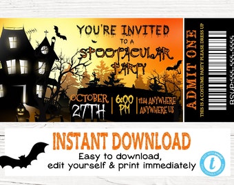 Halloween Invitations, Halloween Ticket Invitations, Spootacular, Bright Halloween Party Invites - Haunted House Tickets -INSTANT ACCESS