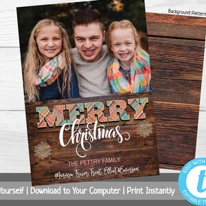 Rustieke kerstkaart met foto, foto kerstkaart sjabloon, geruite vakantiekaart, vrolijk kerstfeest, fijne feestdagen, afdrukbaar, hout