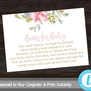 Floral Books for Baby, Stock the Library, Baby Shower Invitation Add-Ons, Baby Book Request Card Insert, Printable, Instant Download, Pink