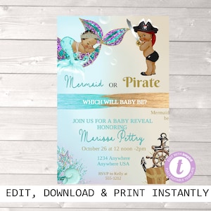 Gender Reveal Invitation, Mermaid or Pirate African American Gender Reveal Party Invitation, He or She What Will Baby be Instant Download
