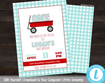 1st Birthday Party Invite, Red Wagon Birthday Party Invitation, Printable First Birthday Invitation, Turning One, Roll On By, Teal Checkers