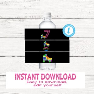 NEON Roller Skate Water Bottle Labels | Skating Birthday Party | 80's Water Labels | Edit Yourself | Digital Instant Download | Glow Party
