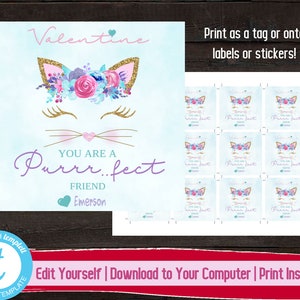 Kitten Kids Valentine&#39;s Day Tag, Cat Valentines Day Stickers, Glitter Valentine&#39;s Day Gift Label, You Are A Purr...fect Friend, Editable