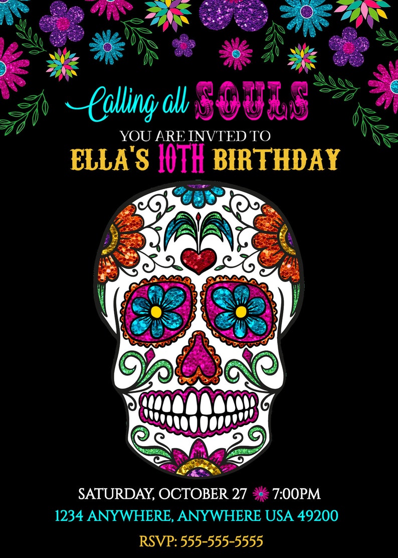 Sugar Skull Birthday Invitation Sugar Skull Halloween - Etsy España