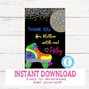 Roller Skate Thank you| Edit Yourself Neon Roller skating Thank you card | Skate Party | Edit Yourself | Chalk Glitter | INSTANT DOWNLOAD