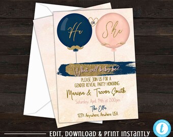 Gender Reveal Invitation, Blush Pink and Navy Blue, He or She, Boy or Girl, Baby Gender Reveal Party, Editable Invite, Lashes or Staches