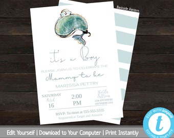 Whale Baby Shower Invitation, Nautical Baby Shower Invite, Printable Baby Shower Invitation, Invitation Template, It's a Boy, Blue Whale