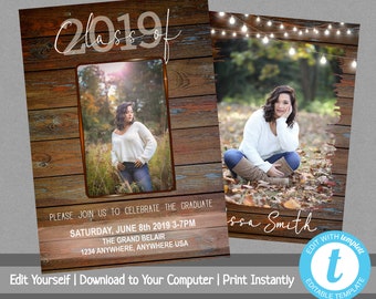 Rustikale Abschlussparty-Einladung, Foto-Abschluss-Einladungsvorlage, Grad-Party-Einladung, druckbare Party-Einladung, Klasse von 2019