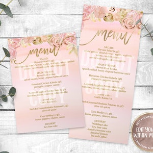 Birthday Menu, Quinceañera, Blush, Gold Florals, Editable Menu Template, Party Printable, Templett, Edit Yourself, Instant Download