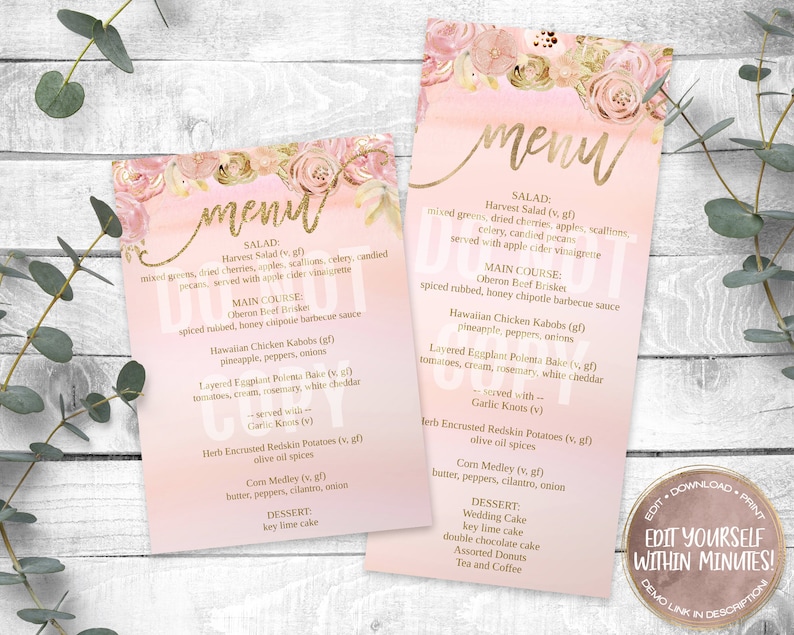 Birthday Menu Quinceañera Blush Gold Florals Editable Menu - Etsy