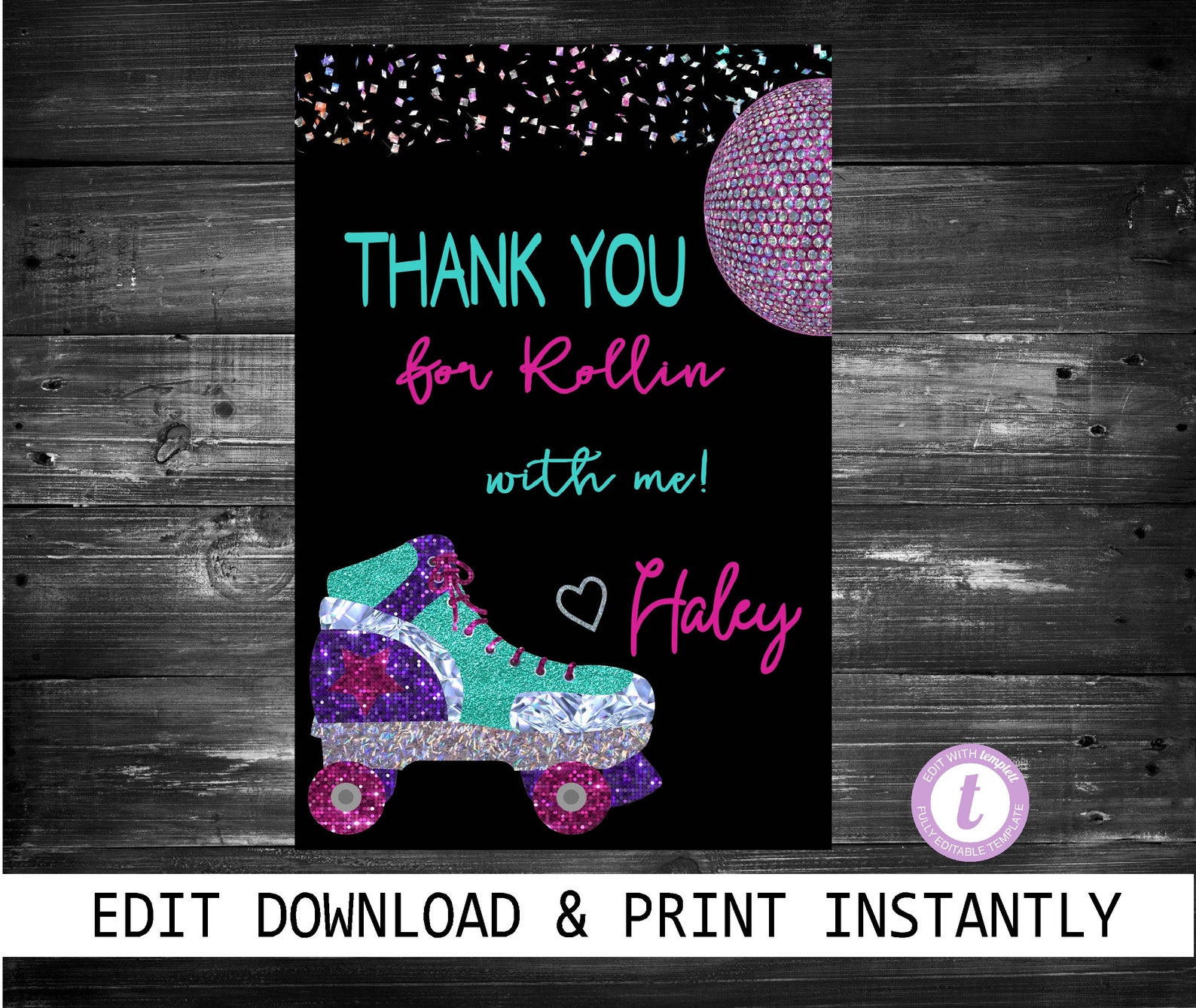 Roller Skate Thank You Edit Yourself Neon Roller Skating - Etsy