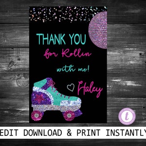 Roller Skate Merci| Editez-vous Neon Roller skating Carte de remerciement | | de skate party Modifiez-vous | | à paillettes de craie TÉLÉCHARGEMENT INSTANTANÉ