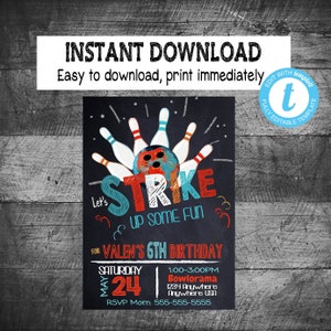 BIRTHDAY BOWLING INVITATION | Bowling Invite | Instant Download | Digital | Bowling birthday party | Boys bowling party | Customize | Strike