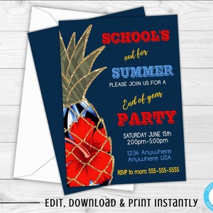 Hawaiian Party Invitations, End of The Year Party Invitation, Schools Out For Summer, Hawaiian Pineapple, Glitter, Schools Out Party, Floral