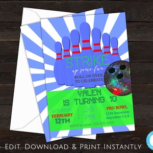 Bowling Party Invitation, Bowling Birthday Invitation, Bowling Invitation Instant Download, Strike Up Some Fun, Bowling Birthday Party, Neon