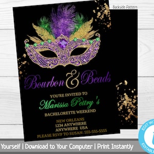 Mardi Gras Bachelorette Party Invitation, Bourbon and Beads, Bachelorette Weekend Invite, Bachelorette Party Invite, Masquerade Party Invite