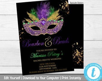 Mardi Gras Bachelorette Party Invitation, Bourbon and Beads, Bachelorette Weekend Invite, Bachelorette Party Invite, Masquerade Party Invite