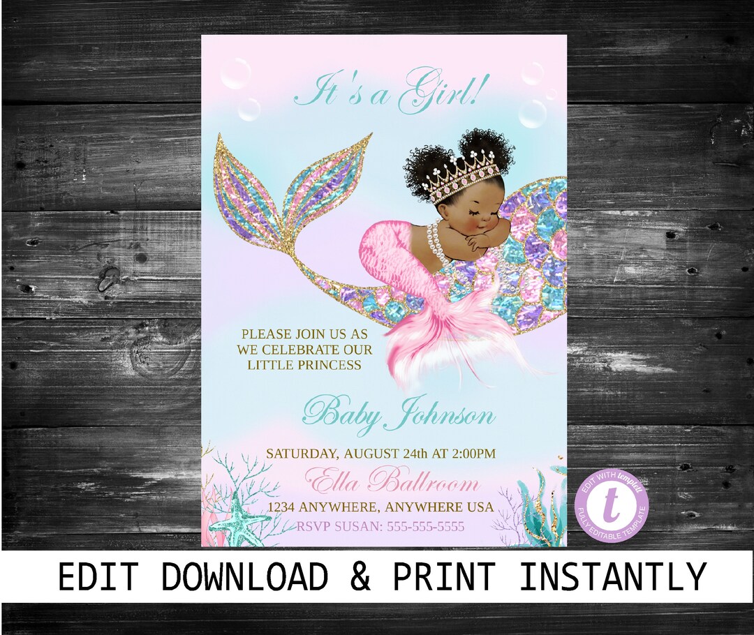 Mermaid Baby Shower Invitation, African American Mermaid Party, Mermaid
