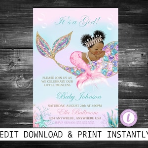 Mermaid Baby Shower Invitation, African American Mermaid Party, Mermaid Invitation, Little Mermaid Is On Her Way, Mermaid Shower Invite