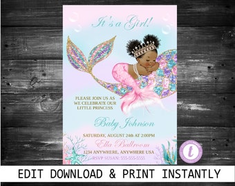 Mermaid Baby Shower Invitation, African American Mermaid Party, Mermaid Invitation, Little Mermaid Is On Her Way, Mermaid Shower Invite