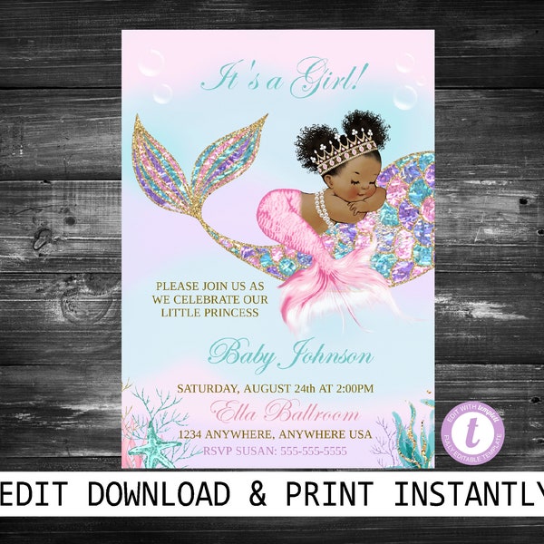 Mermaid Baby Shower Invitation, African American Mermaid Party, Mermaid Invitation, Little Mermaid Is On Her Way, Mermaid Shower Invite