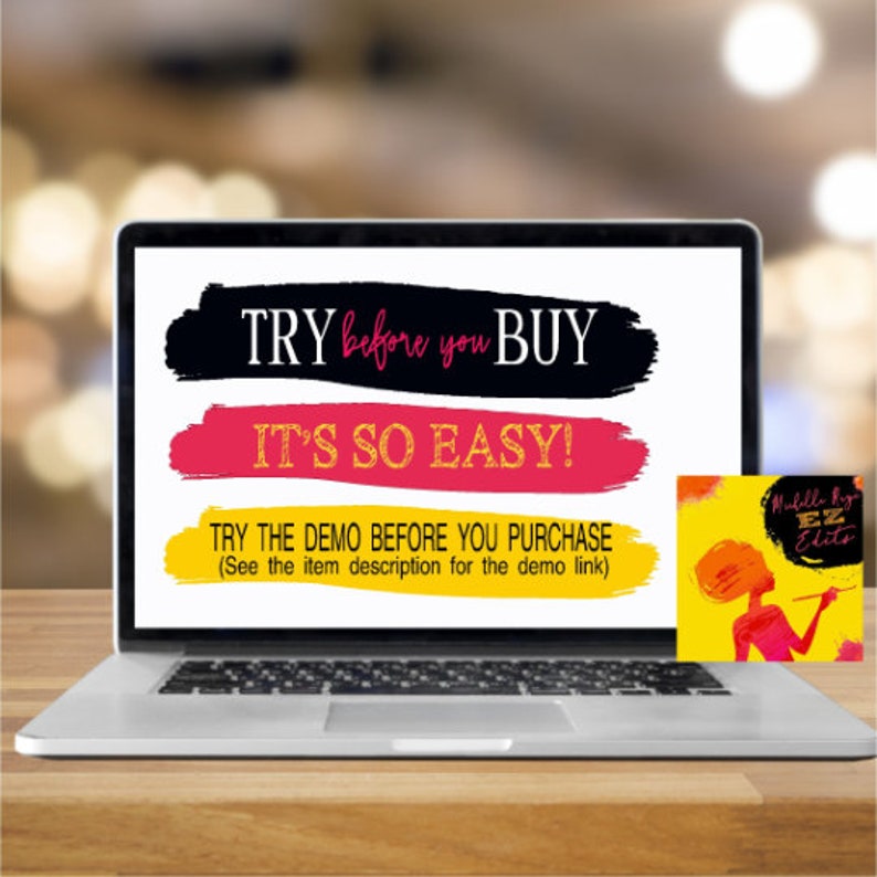 K&ouml;nnte beinhalten: Laptop-Bildschirm mit einer Grafik mit dem Text "TRY before you BUY IT'S SO EASY!" und dem Text "TRY THE DEMO BEFORE YOU PURCHASE (See the item description for the demo link)". Ein kleines quadratisches Bild auf der rechten Seite des Bildschirms zeigt eine Frau mit einem Pinsel und dem Text "Muffled by EZ Edits".