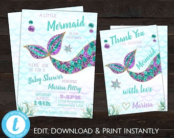 Mermaid Baby Shower Invitations, Mermaid Invitation, Mermaid Thank You Cards, Mermaid Party, Mermaid Baby Shower, Instant Download, Suite