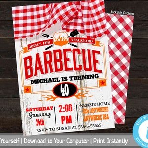 BBQ Invitation, BBQ Birthday Invite, Printable BBQ Party Invite, Barbeque Invitation, Backyard Birthday Party, Invitation Template, Checkers