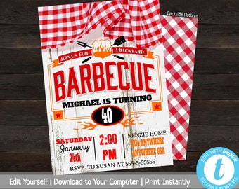 BBQ Invitation, BBQ Birthday Invite, Printable BBQ Party Invite, Barbeque Invitation, Backyard Birthday Party, Invitation Template, Checkers