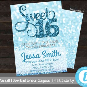 Sweet 16 Birthday Invitation, Birthday Invitation Template, Sweet Sixteen Bday Party Invite, Glitter Birthday Invitation, Sweet 16 Invite