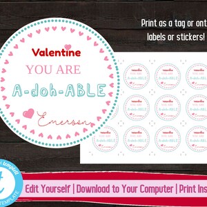 Printable Valentine&#39;s Day Tag, Editable Valentine Label, Valentine Sticker, Kid Valentine, Valentine You Are A-doh-ABLE, Valentines Day Gift