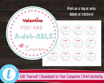 Printable Valentine's Day Tag, Editable Valentine Label, Valentine Sticker, Kid Valentine, Valentine You Are A-doh-ABLE, Valentines Day Gift