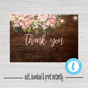 Rustic Bridal Thank you Note Card, FlowerThank You card, Bridal Rose Gold floral Watercolor, Blush Pink Mason jar shape You edit