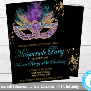 Masquerade Birthday Party Invitation, Mardi Gras Birthday, Birthday Party Invite, Masquerade Ball Invitation, Milestone Birthday Invitation
