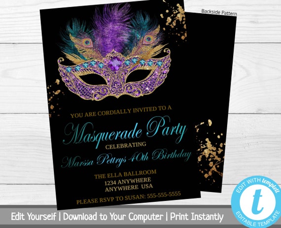 Masquerade Birthday Party Invitation Mardi Gras Birthday Etsy