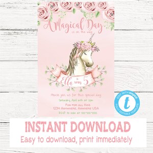 Pink unicorn Birthday  Invitation | Watercolor unicorn Invite | Customize Yourself invite | Unicorn Birthday Party |  Rose Birthday Party