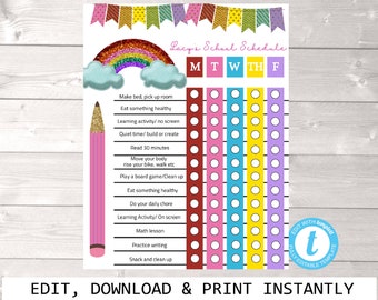 Rainbow Homechool schedule, Back to school, Distance Learning Chart,Comic, Family  Daily Planner, Kids Routine Checklist, Timeline, Chore