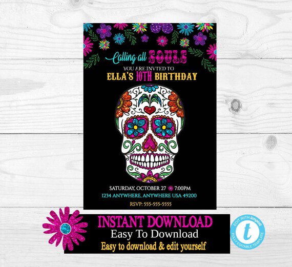 Sugar Skull Birthday Invitation Sugar Skull Halloween | Etsy