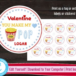 Popcorn Valentine&#39;s Day Gift Tags, Valentines Day Sticker, Printable Valentine Label, Kids Classroom Valentine Tags, You Make My Heart Pop