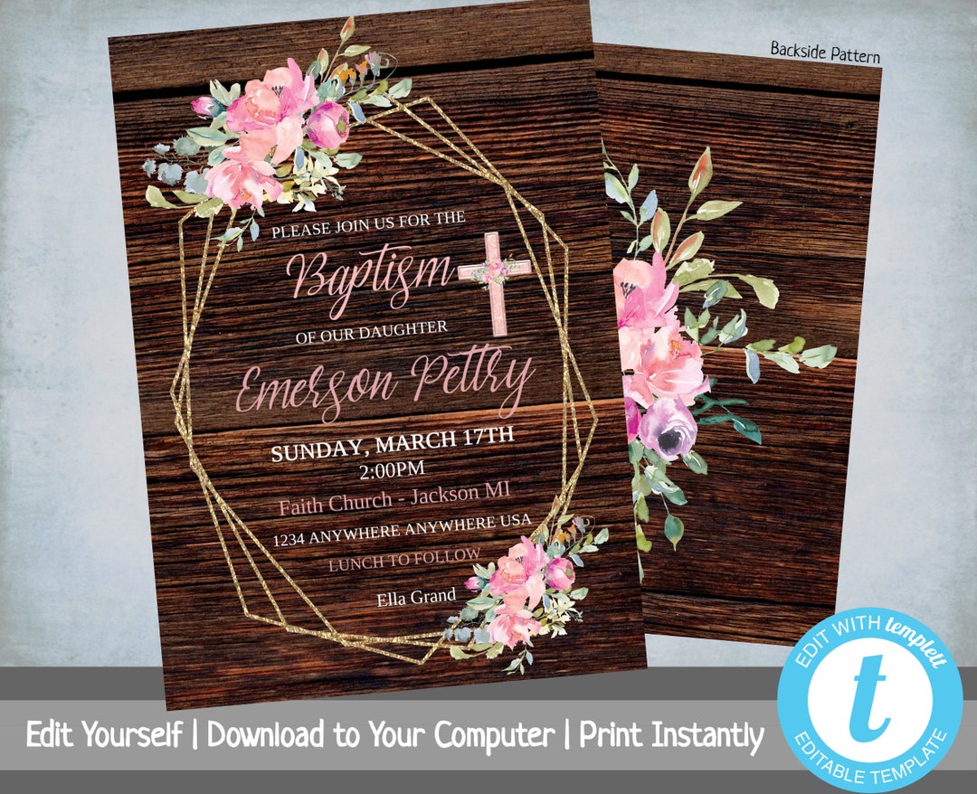 Baptism Invitation, Editable Baptism Invitation, Rustic, Christening ...