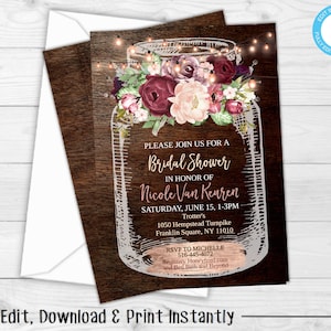 Bridal Shower Invites, Rustic Bridal Shower Invitation, Mason Jar Bridal Shower Invitation, Floral Bridal Shower Invitation, Country Chic