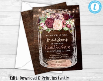 Bridal Shower Invites, Rustic Bridal Shower Invitation, Mason Jar Bridal Shower Invitation, Floral Bridal Shower Invitation, Country Chic